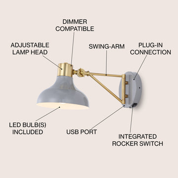 Lynn 15" Swing Arm Modern Midcentury Iron USB Charging Port LED Sconce